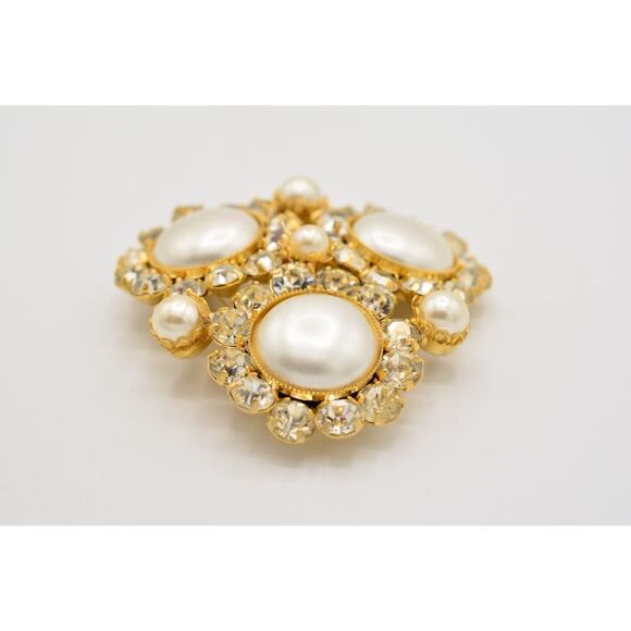 Vintage Crystal Pin Brooch Pearl Prong Cluster Gold Rhinestone Chunky 80s BinAC - Picture 9 of 12
